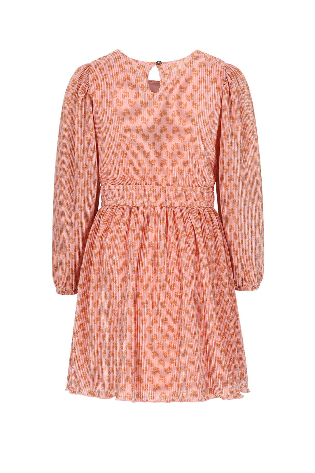 A long-sleeve mini dress with a puff sleeve, a smocked waist, and a small keyhole cutout at the back neckline, featuring an all-over orange and white geometric pattern, shown against a plain white background.