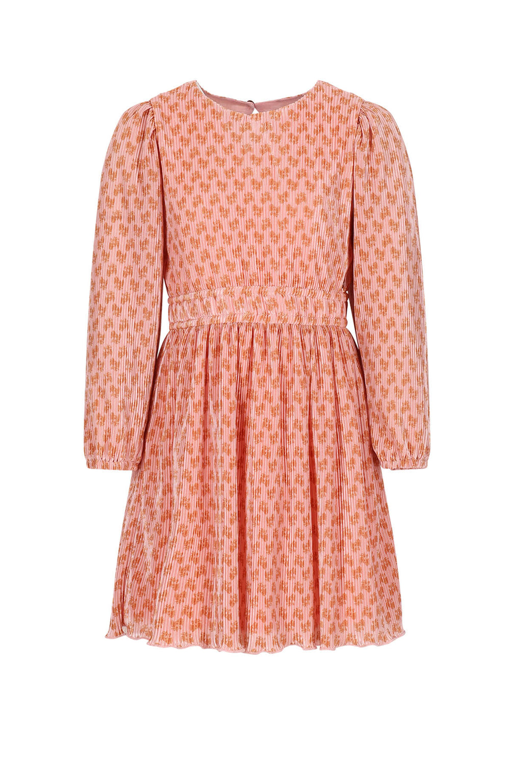 A long-sleeve children's dress in a warm peach-orange color with a repeating small geometric pattern, featuring a smocked waist and puffed shoulders, shown against a plain white background.
