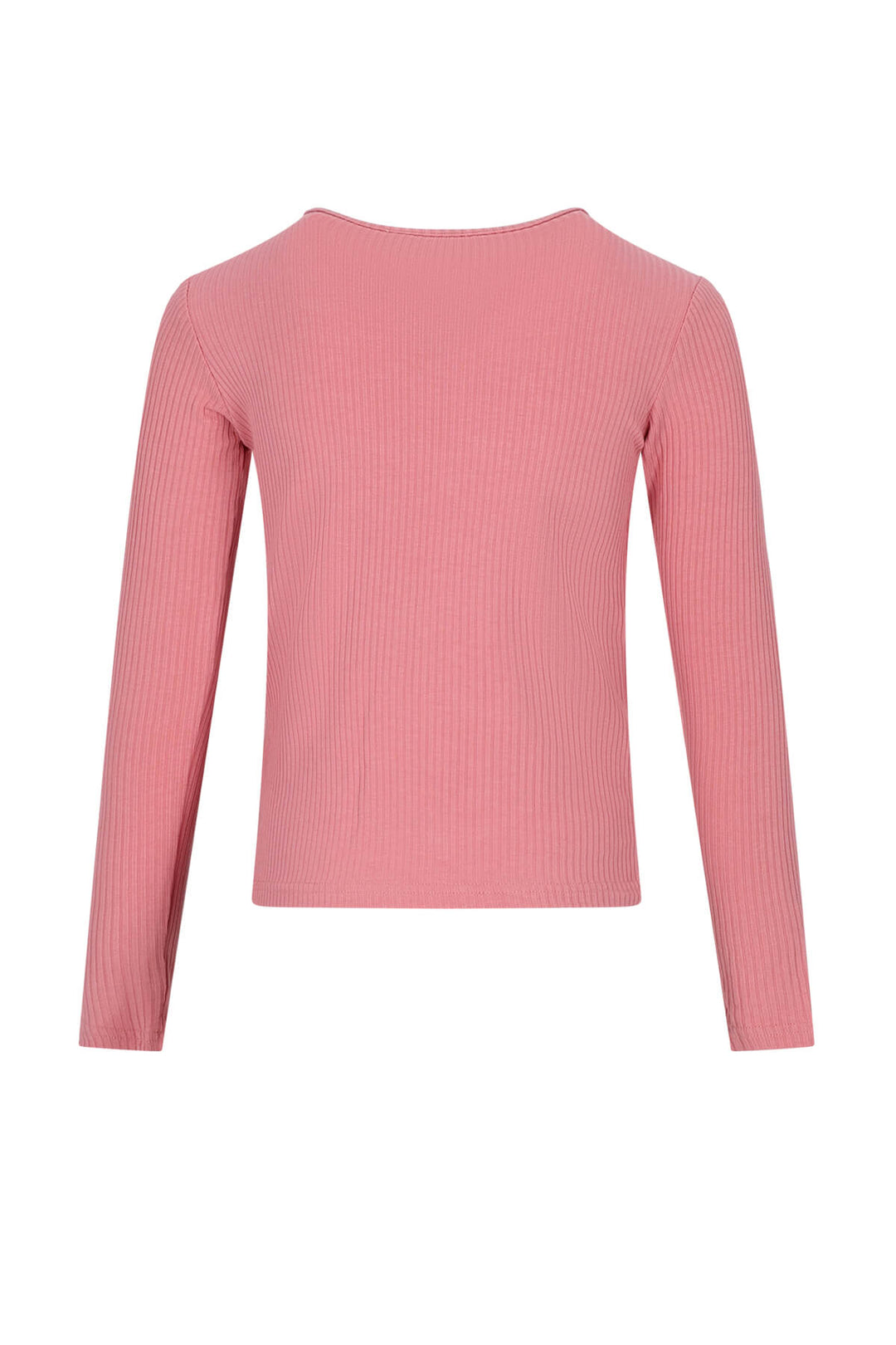 A pink ribbed long-sleeve top with a crew neck, displayed on a clean white background.