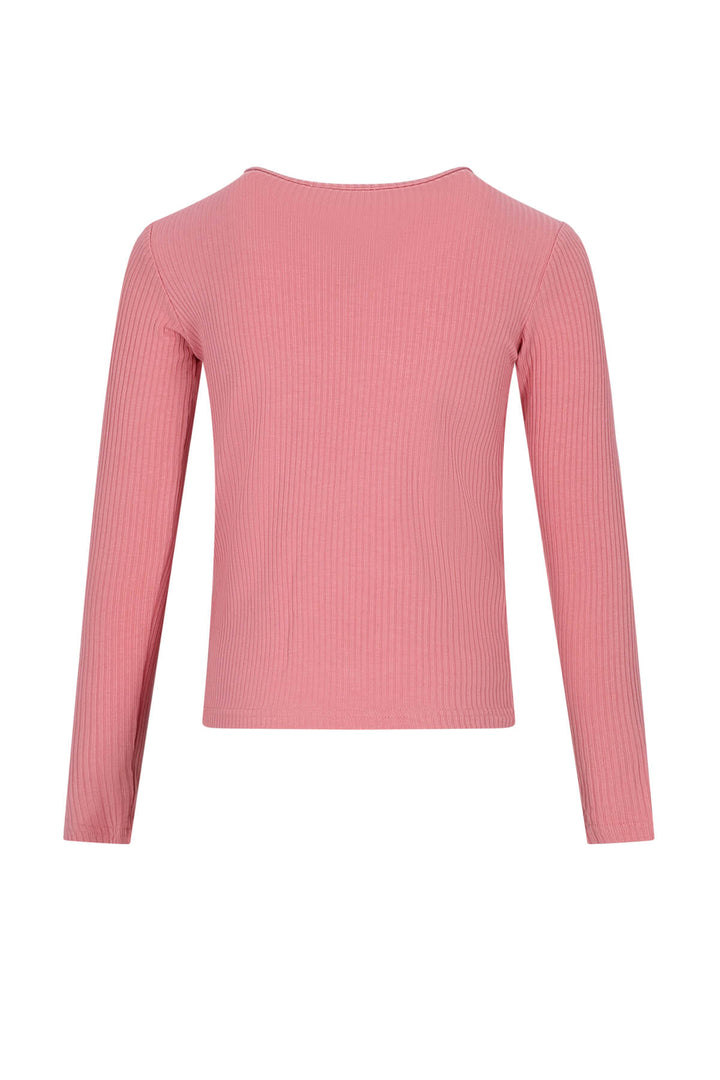 A pink ribbed long-sleeve top with a crew neck, displayed on a clean white background.