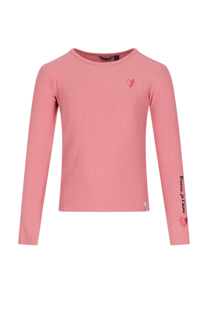 A pink ribbed long-sleeve top with a small pink heart on the left chest and vertical text on the right sleeve, shown on a plain white background.