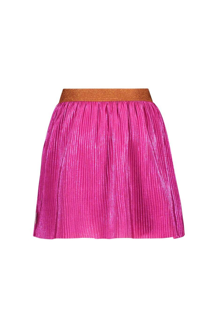 Back view of the pink pleated skirt with a brown waistband on a white background