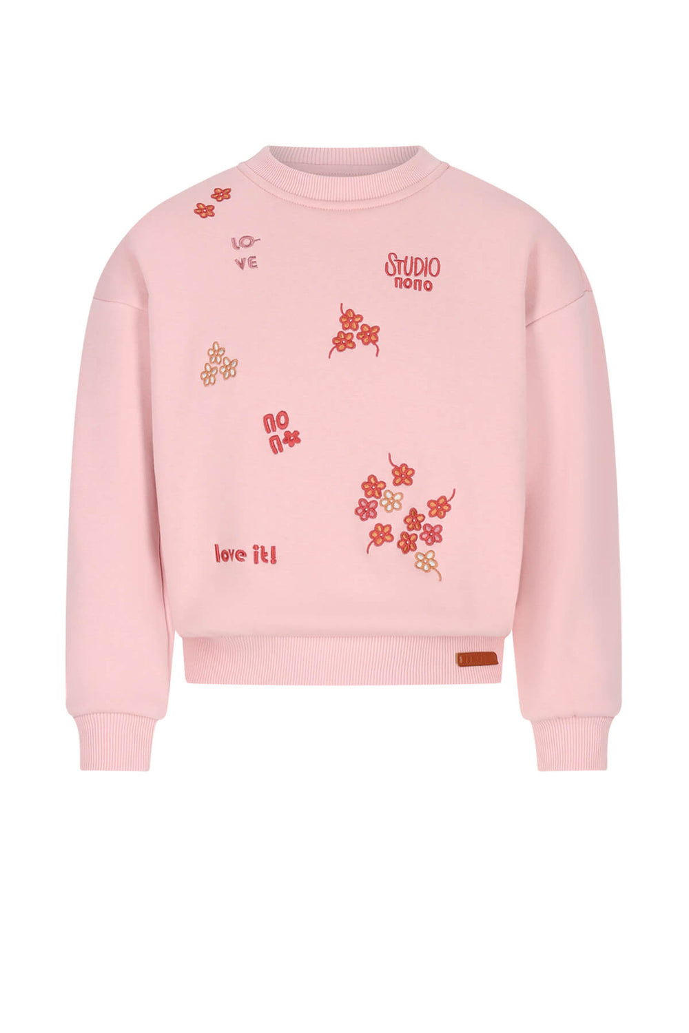 A light pink crewneck sweatshirt featuring embroidered red and orange floral motifs and text elements on a plain white background.