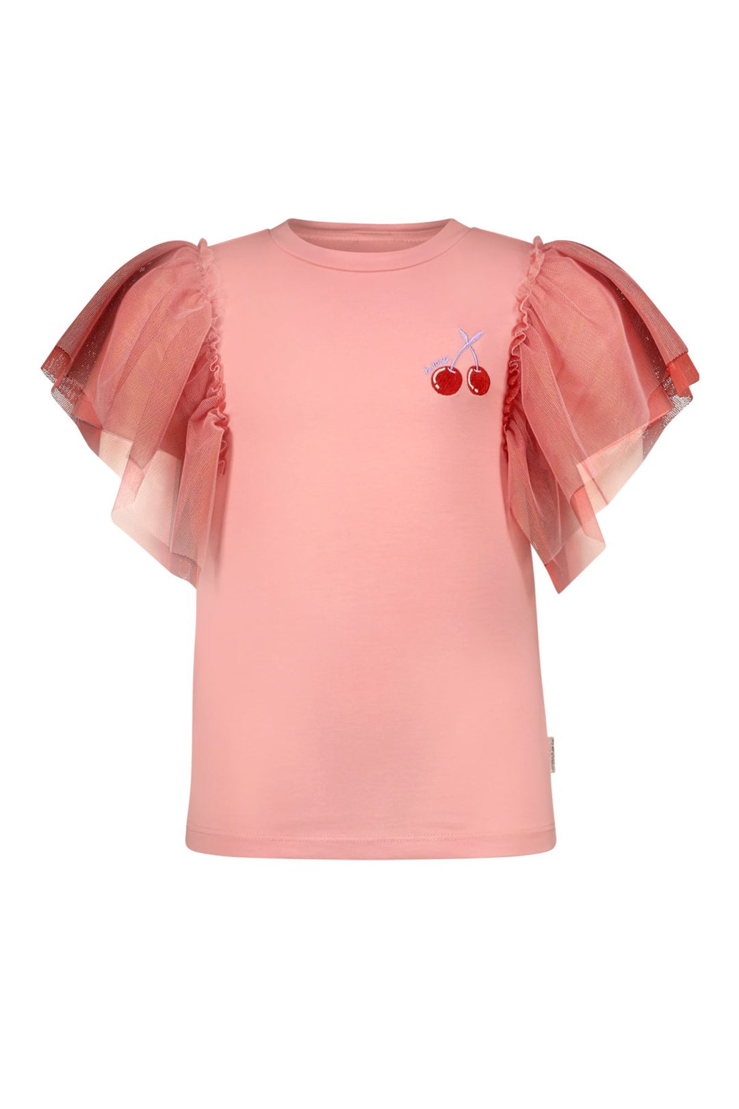 Pink T-Shirt Tora with sheer ruffled sleeves on a white background