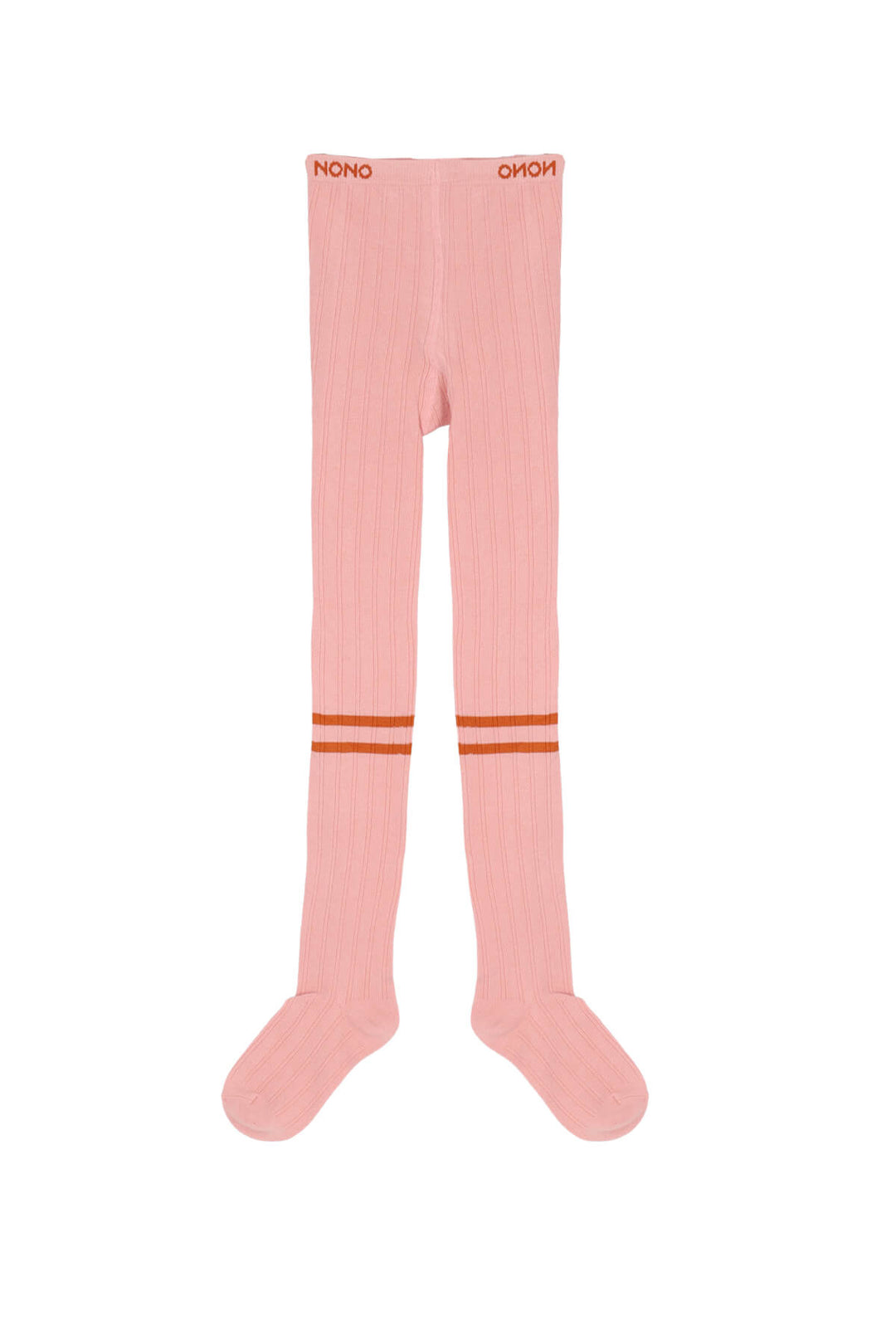 Pink ribbed tights with two orange stripes near the lower calf and orange 'NONO' branding on the top, shown flat on a white background.
