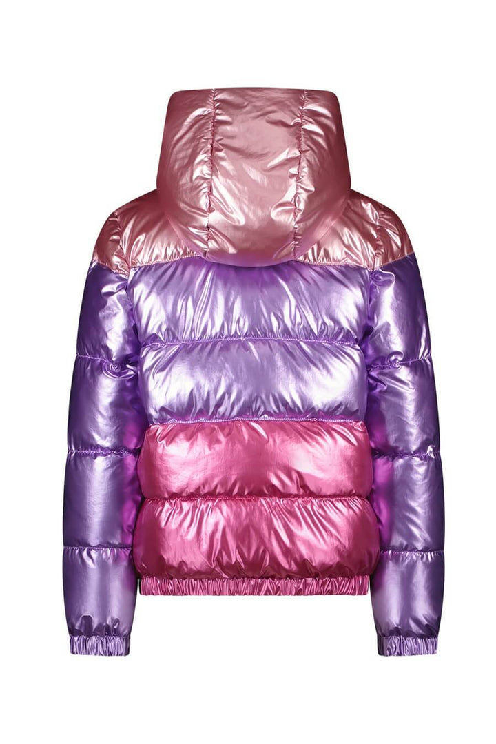 Back view of the Jane puffer jacket with pink and purple gradient on a white background