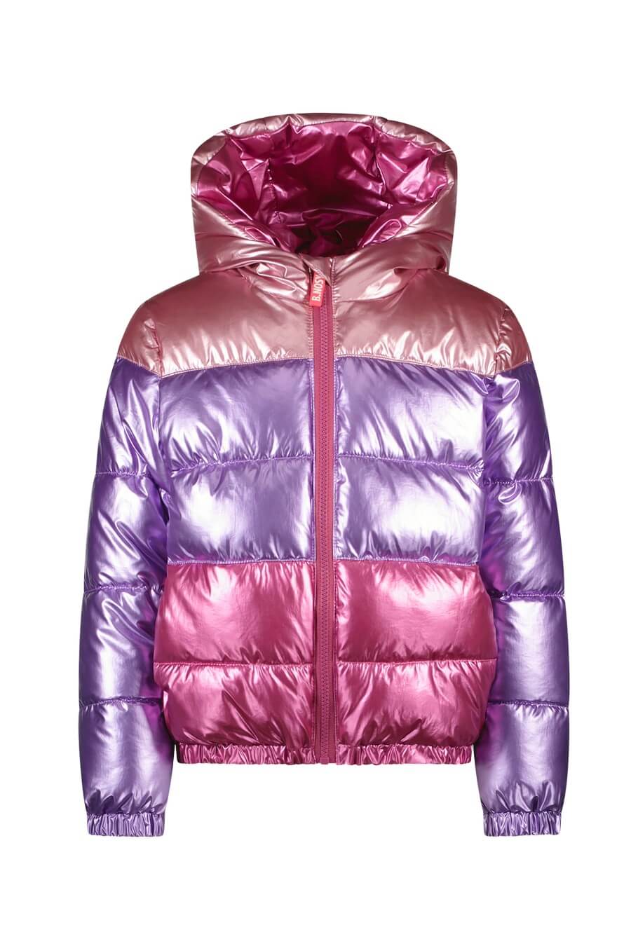 Multicolored puffer jacket with a hood on a white background