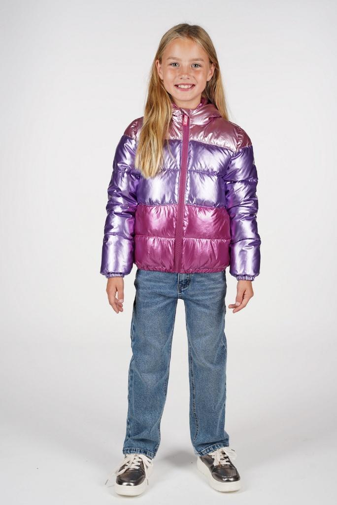 Girl wearing a shiny purple and pink jacket on a white background