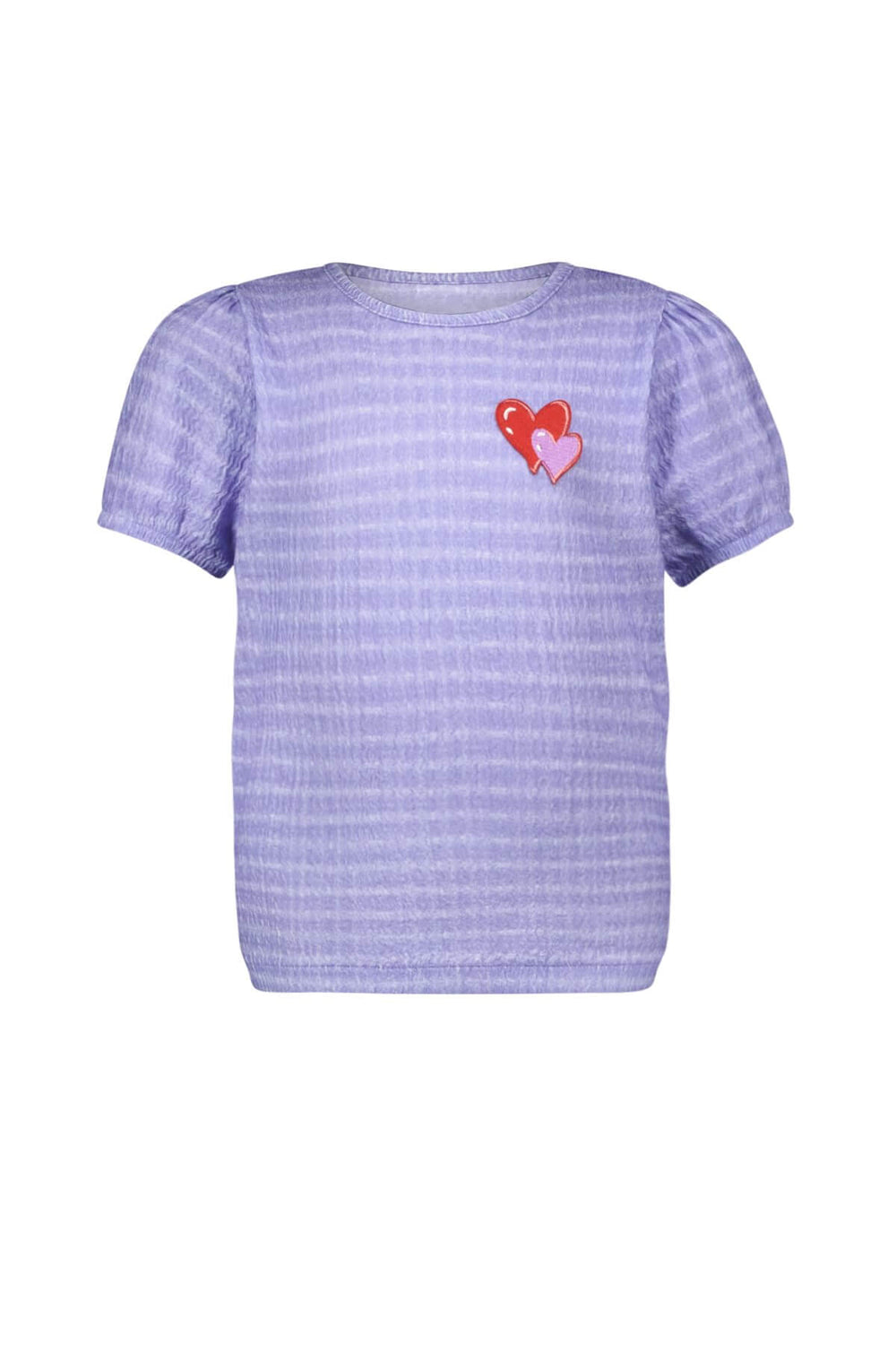 Purple striped top Tora with a red heart design on a white background