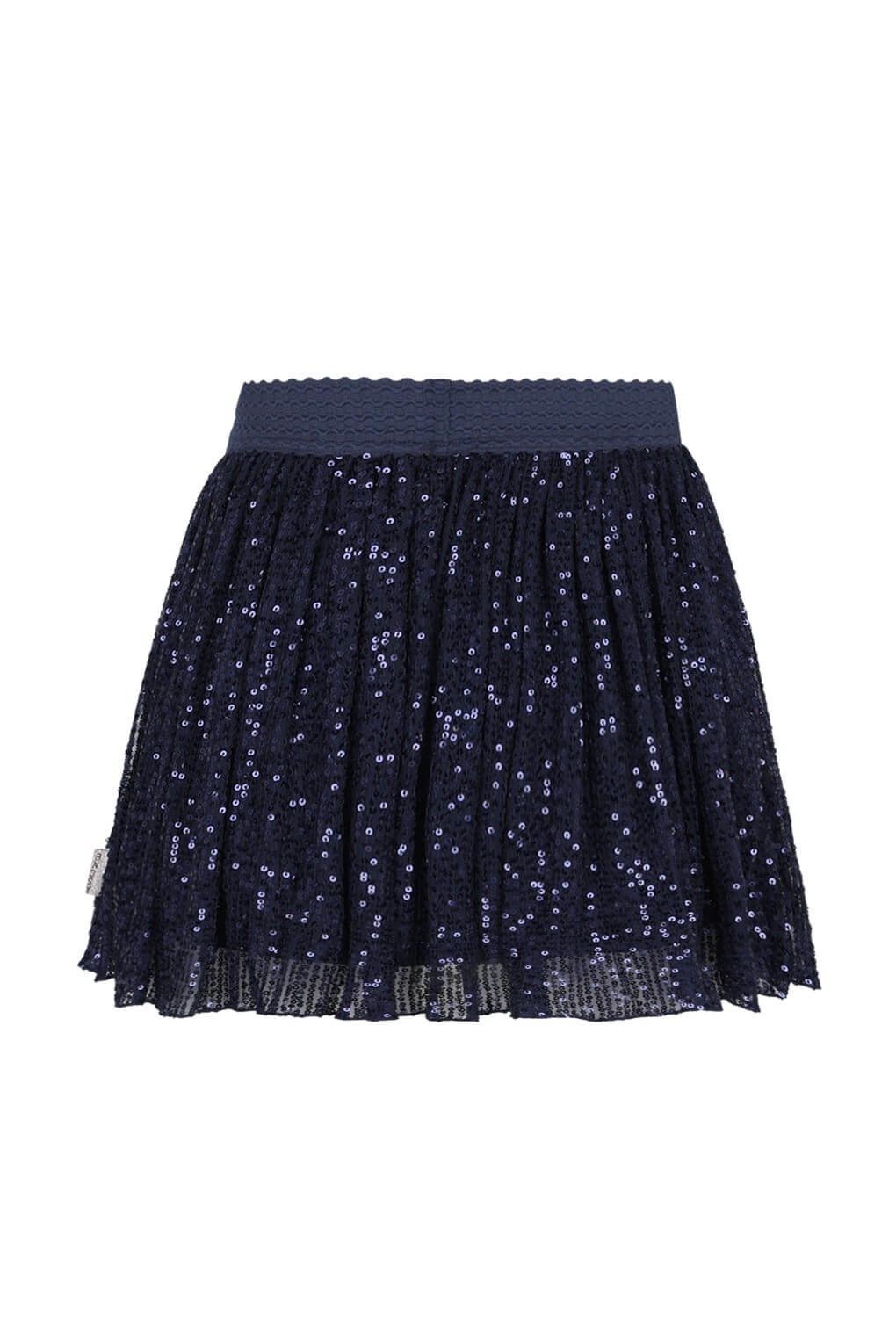 Back view of the navy blue sequin skirt River on a white background
