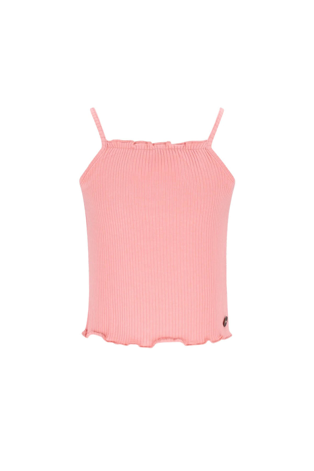 A light pink ribbed knit singlet with thin spaghetti straps and a ruffled hem, shown against a plain white background.