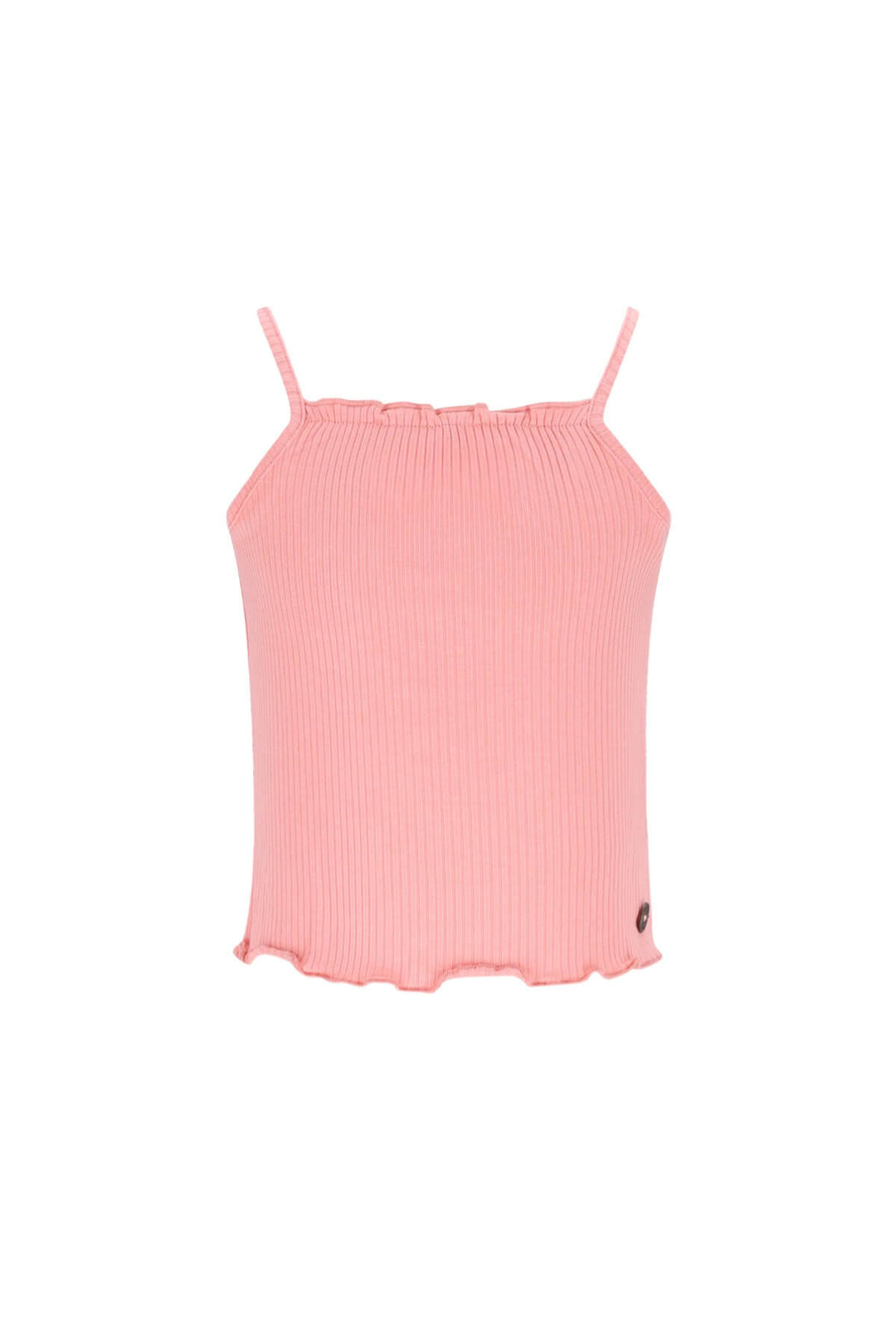A light pink ribbed knit singlet with thin spaghetti straps and a ruffled hem, shown against a plain white background.