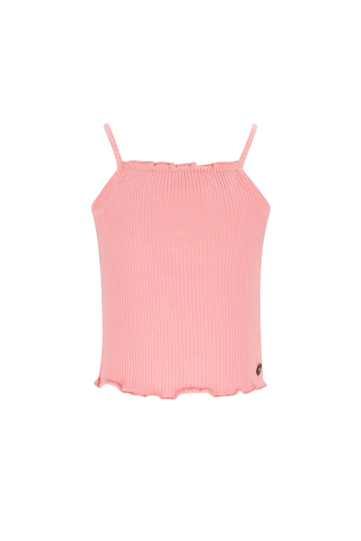 A light pink ribbed knit singlet with thin spaghetti straps and a ruffled hem, shown against a plain white background.