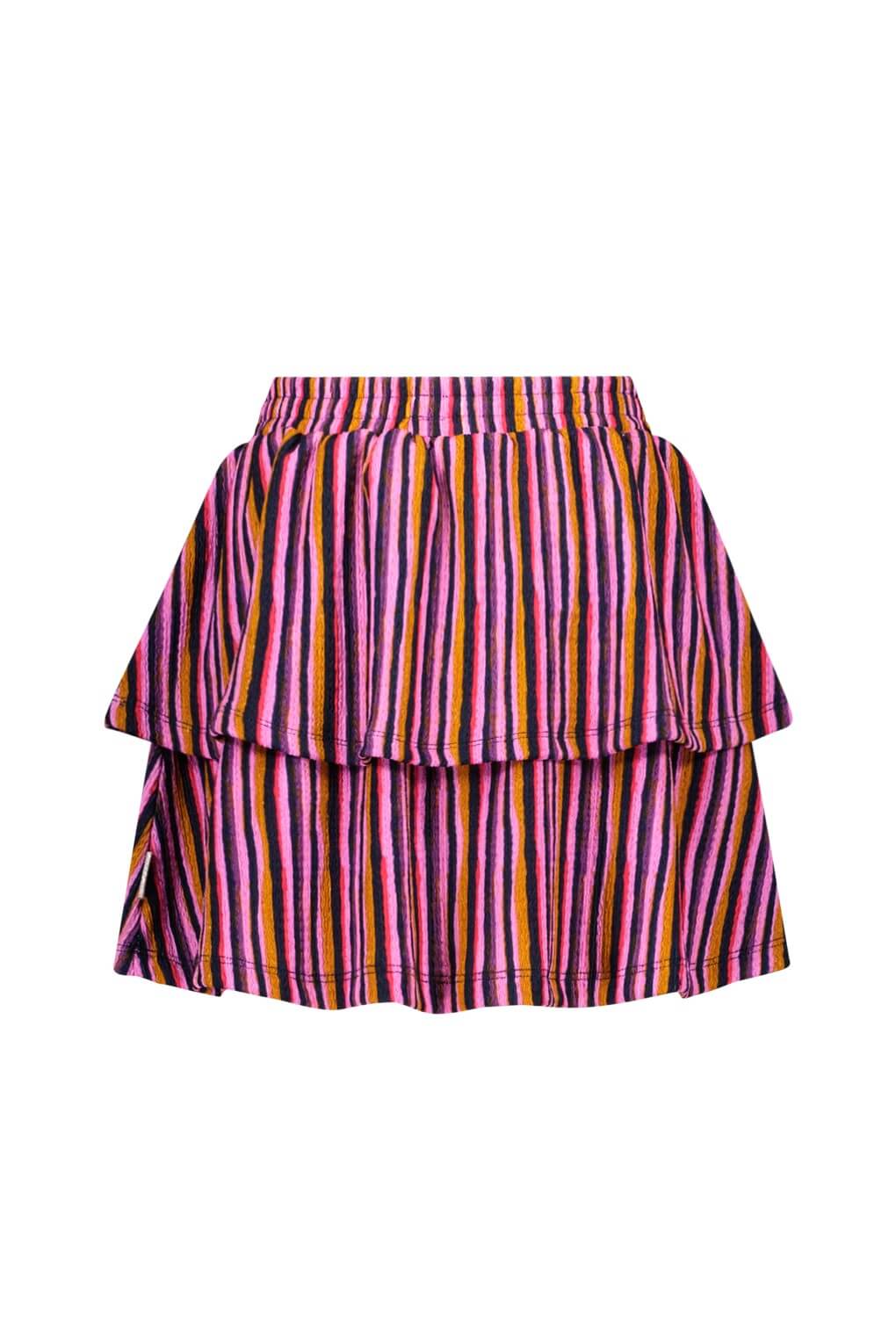 Back view of the two-layered striped skirt with pink and orange pattern on a white background
