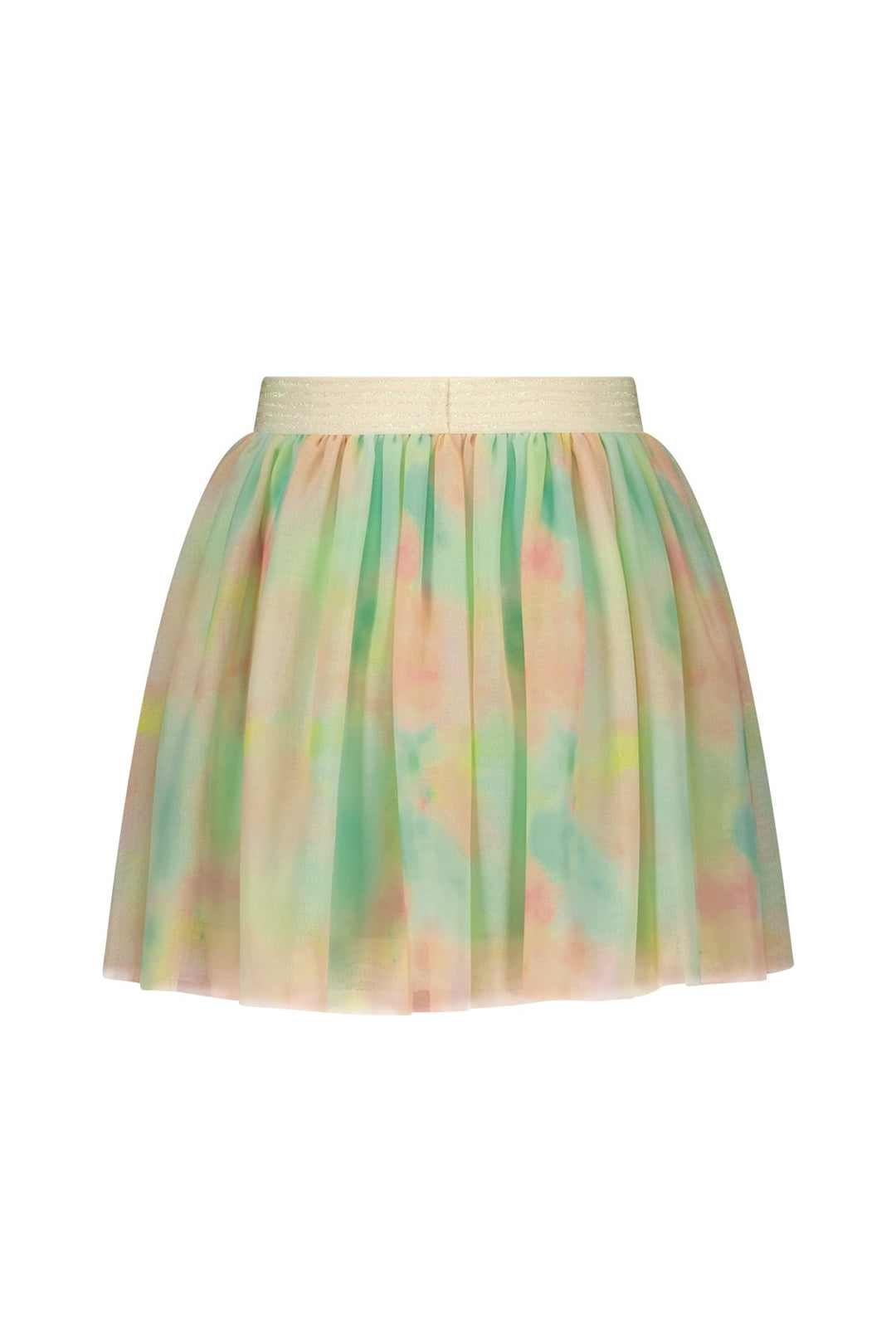Back view of a short, pleated tulle skirt in a pastel tie-dye pattern of mint green, peach, and yellow, featuring a solid cream waistband, shown against a plain white background.