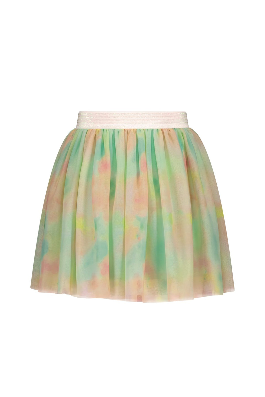 A short, pleated tulle skirt in a pastel tie-dye pattern of green, pink, yellow, and blue, featuring a contrasting cream elastic waistband.