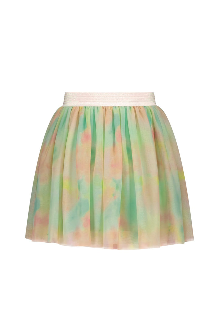A short, pleated tulle skirt in a pastel tie-dye pattern of green, pink, yellow, and blue, featuring a contrasting cream elastic waistband.