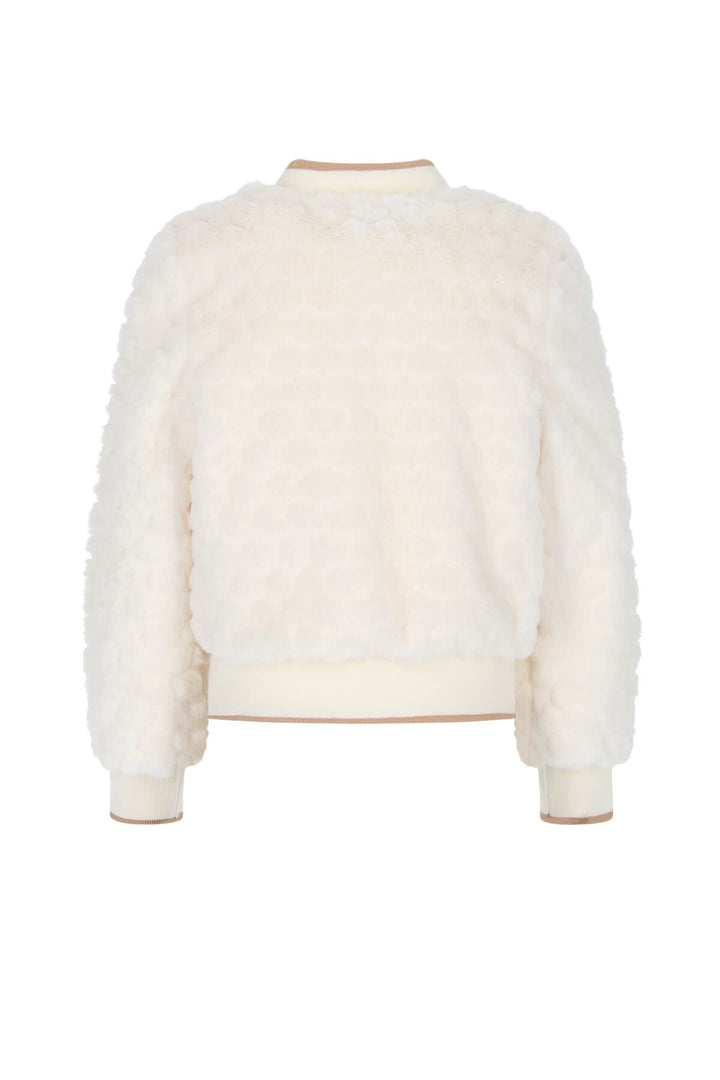An off-white textured faux fur jacket with ribbed trim at the collar, hem, and cuffs, displayed on a clean white background.