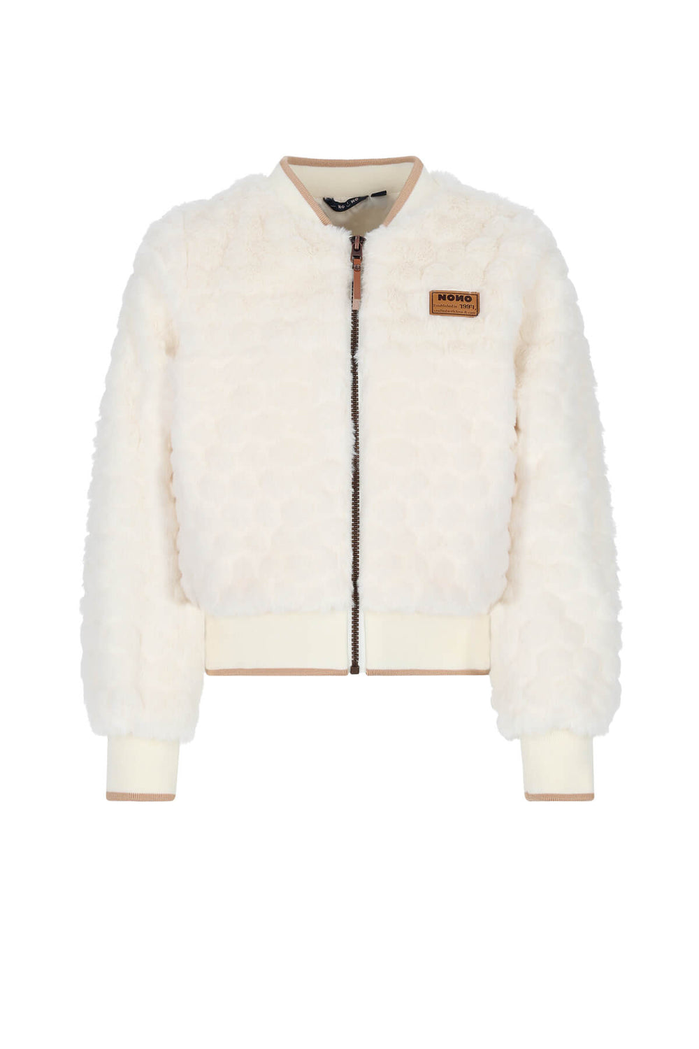 A cream-colored, textured faux-fur bomber jacket with a front zipper, ribbed collar, cuffs, and hem, featuring a small brown 'NONO' brand patch on the left chest.