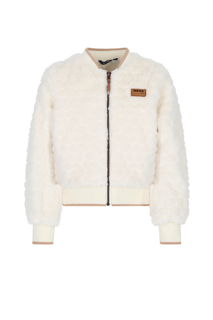 A cream-colored, textured faux-fur bomber jacket with a front zipper, ribbed collar, cuffs, and hem, featuring a small brown &