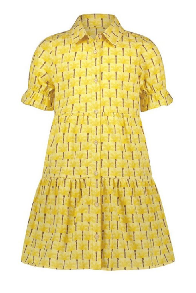 Yellow Dress with Collar and Palm Tree Print | Front View