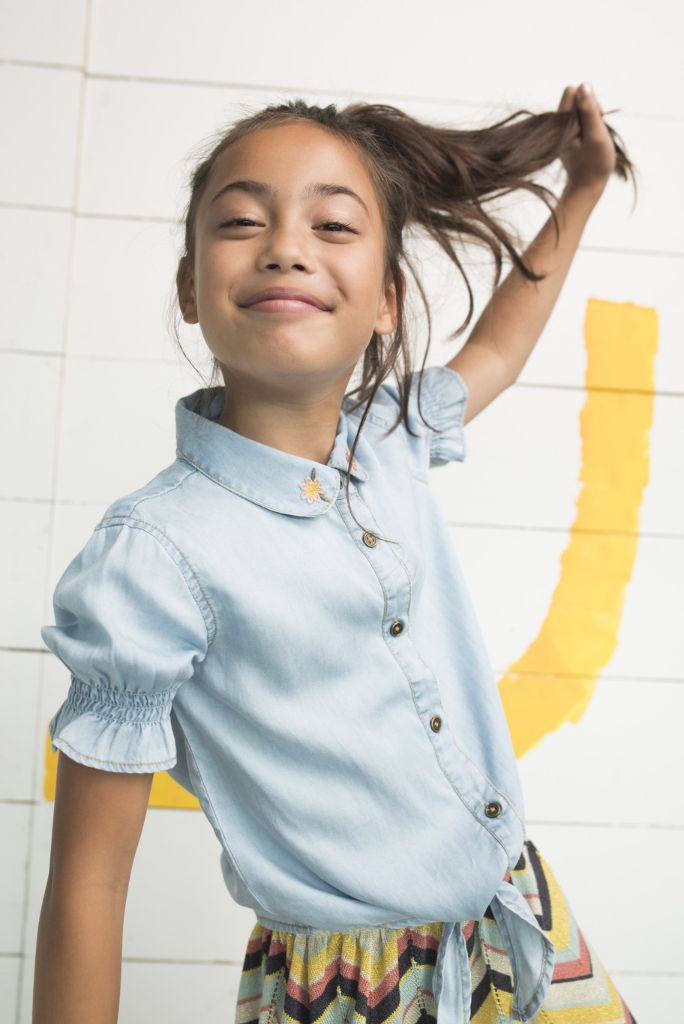 Girls Light Denim Knotted Blouse